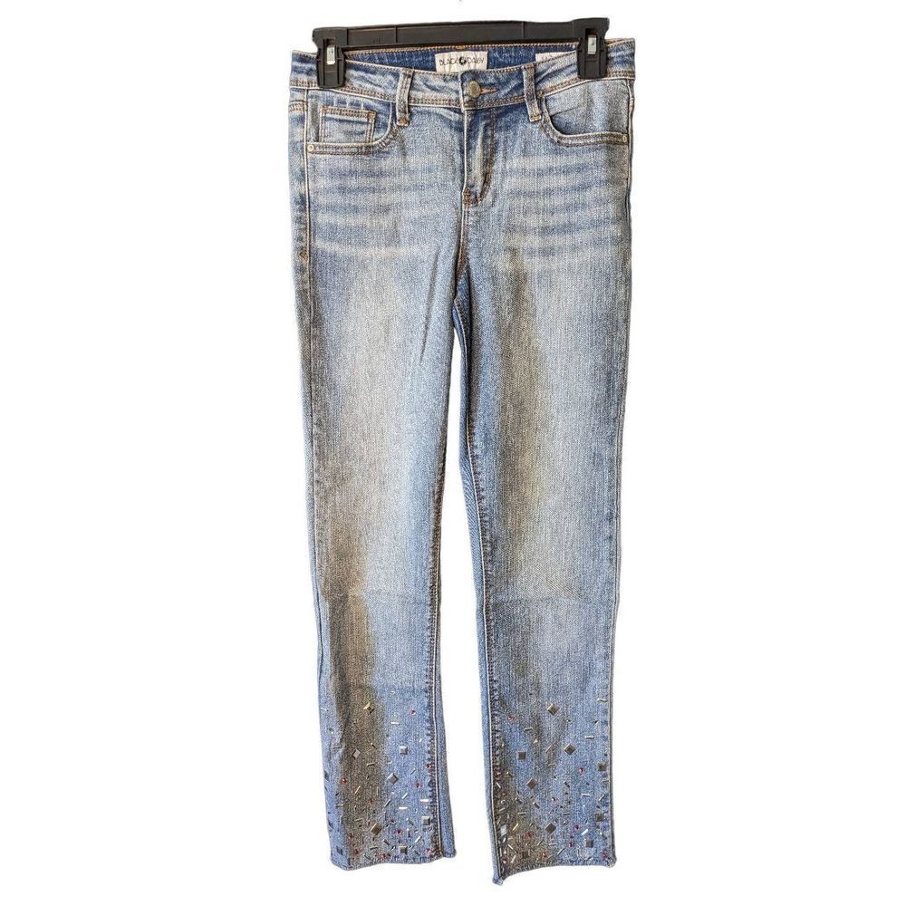 Black Daisy Cropped Raw Hem Rhinestoned Women's Jeans Light Blue Sz3/26, T0043